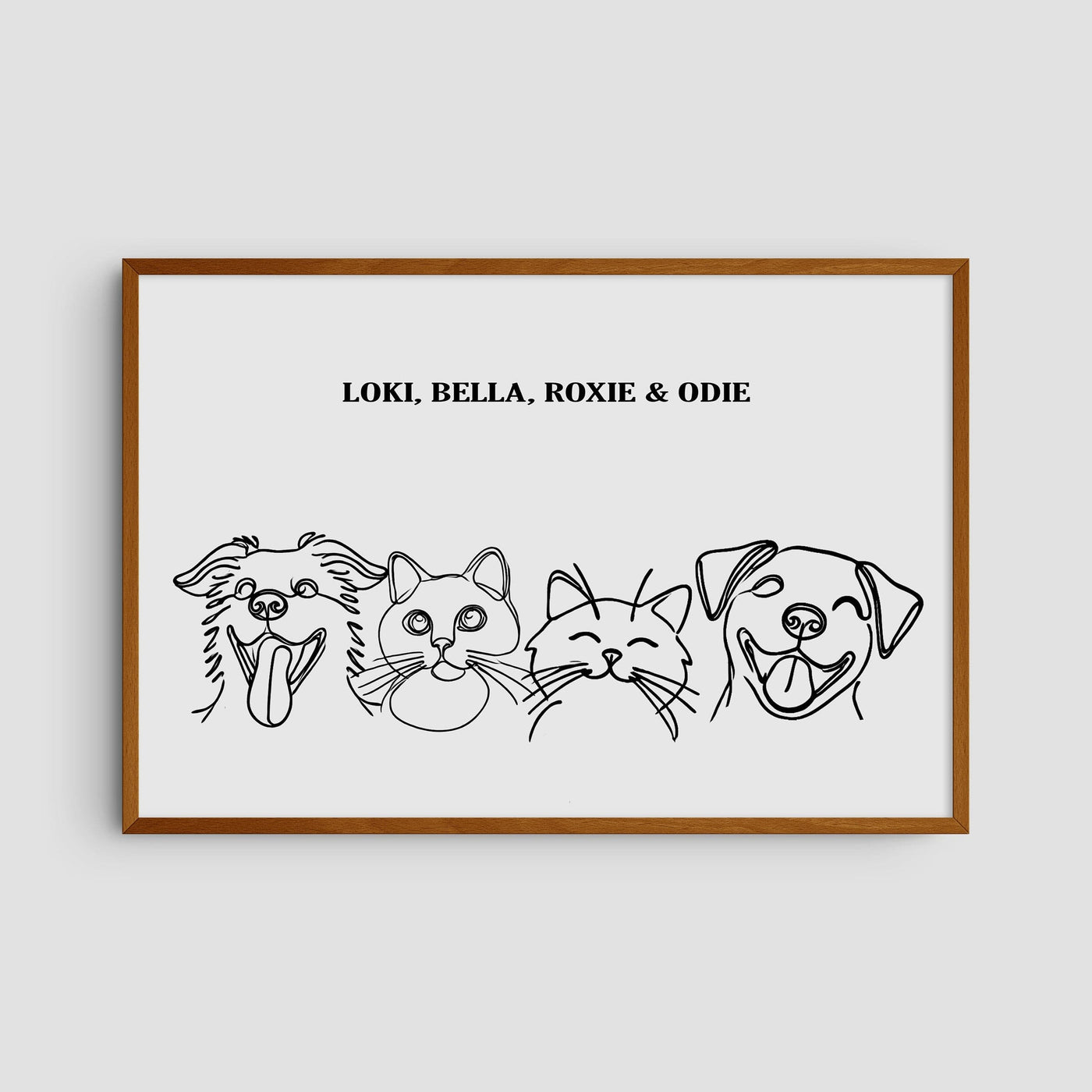 Custom Four Pet Line Art Portrait - Soft White