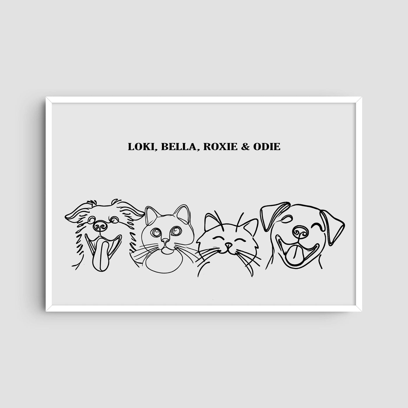 Custom Four Pet Line Art Portrait - Soft White