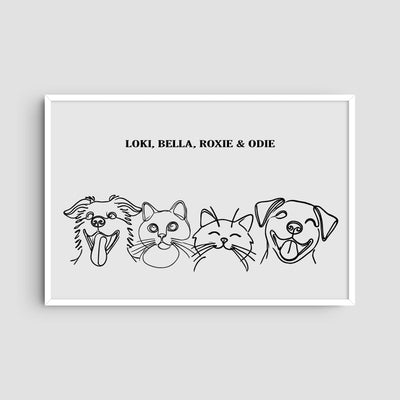 Custom Four Pet Line Art Portrait - Soft White