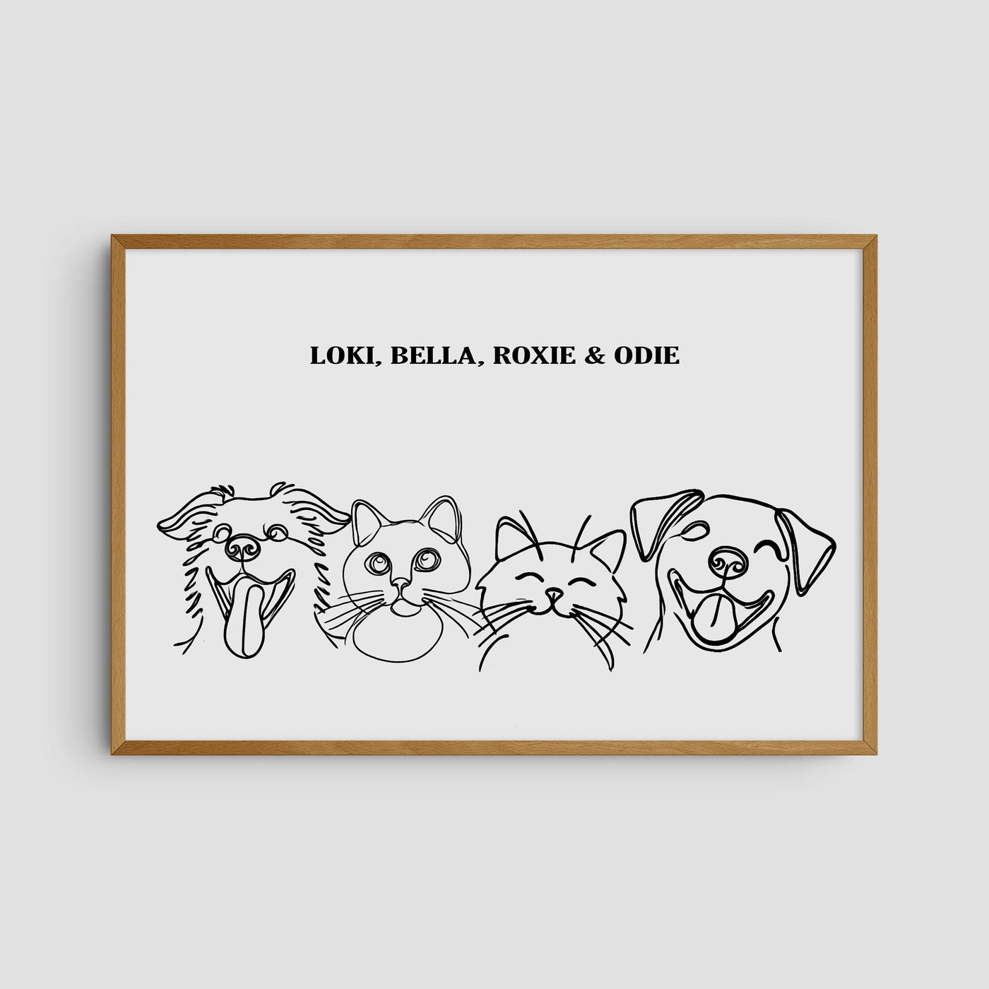 Custom Four Pet Line Art Portrait - Soft White