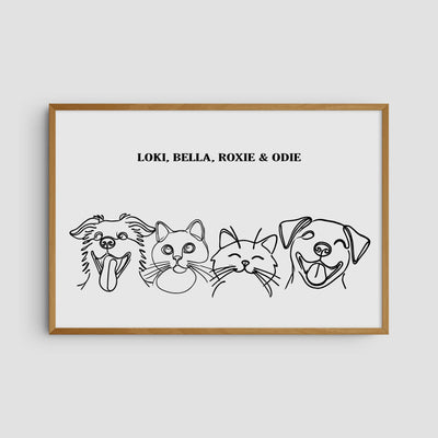 Custom Four Pet Line Art Portrait - Soft White