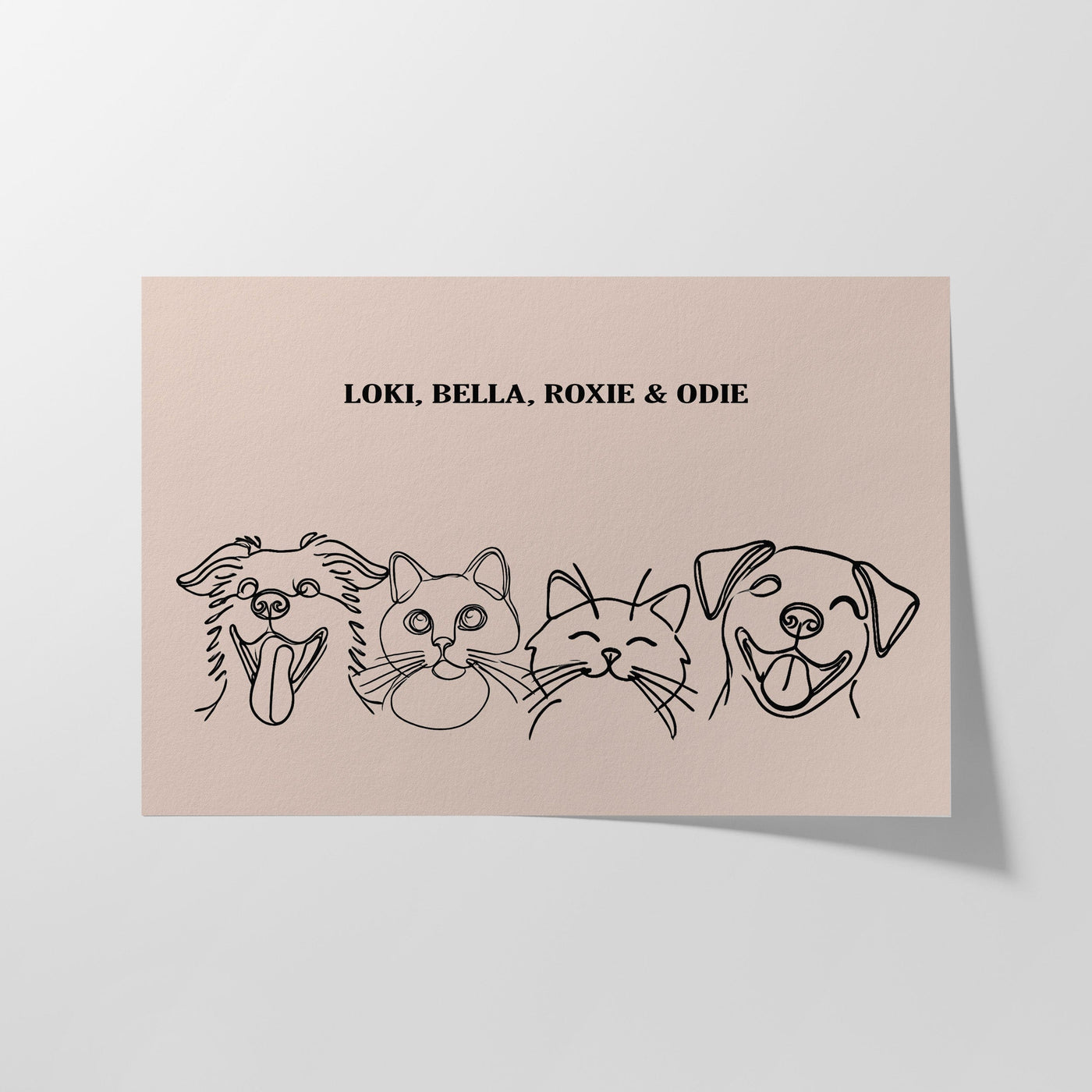 Custom Four Pet Line Art Portrait - Dusty Pink