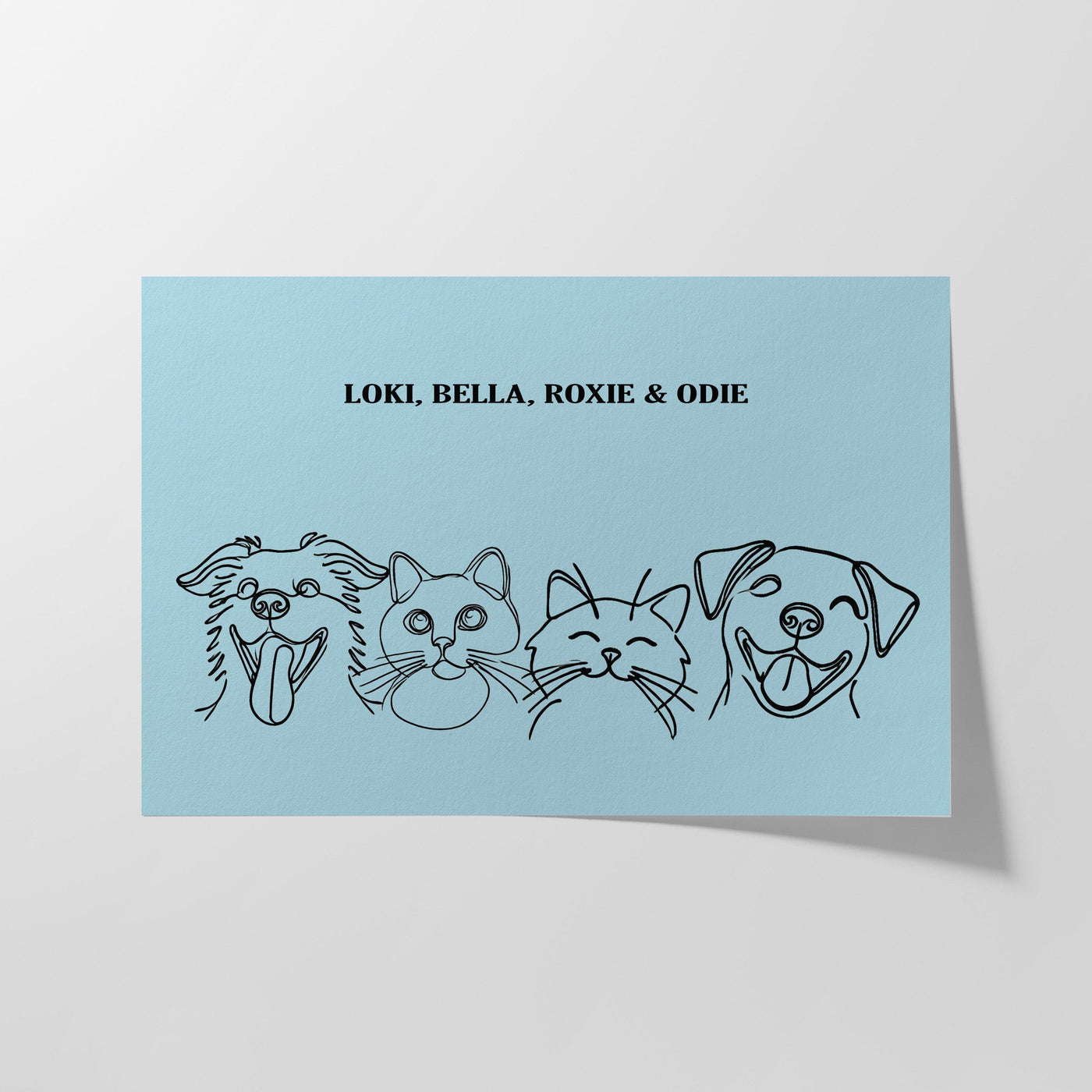 Custom Four Pet Line Art Portrait - Light Blue