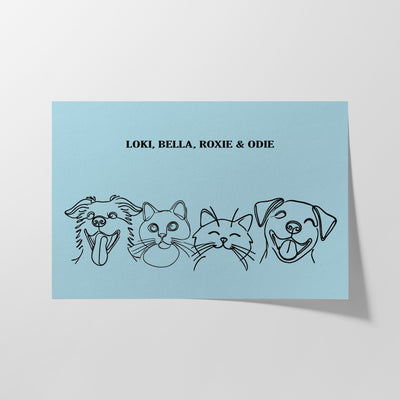 Custom Four Pet Line Art Portrait - Light Blue