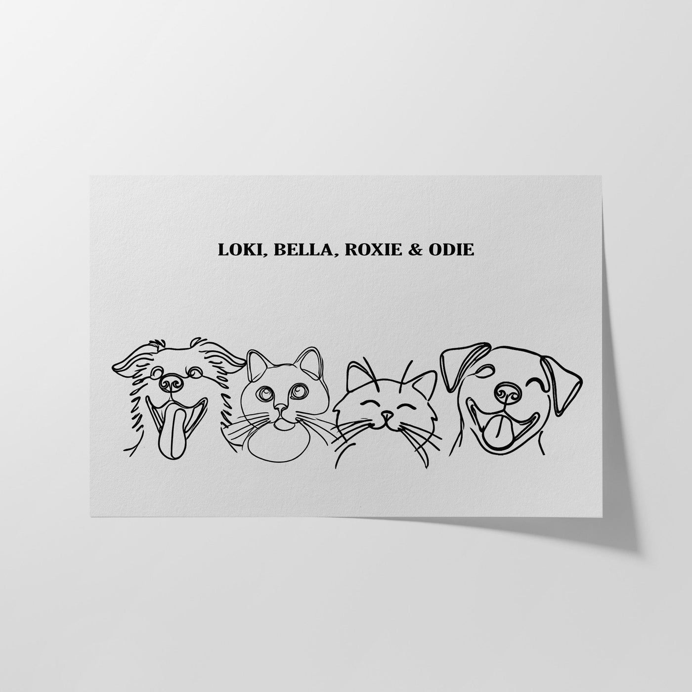 Custom Four Pet Line Art Portrait - Soft White