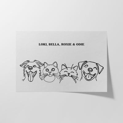 Custom Four Pet Line Art Portrait - Soft White