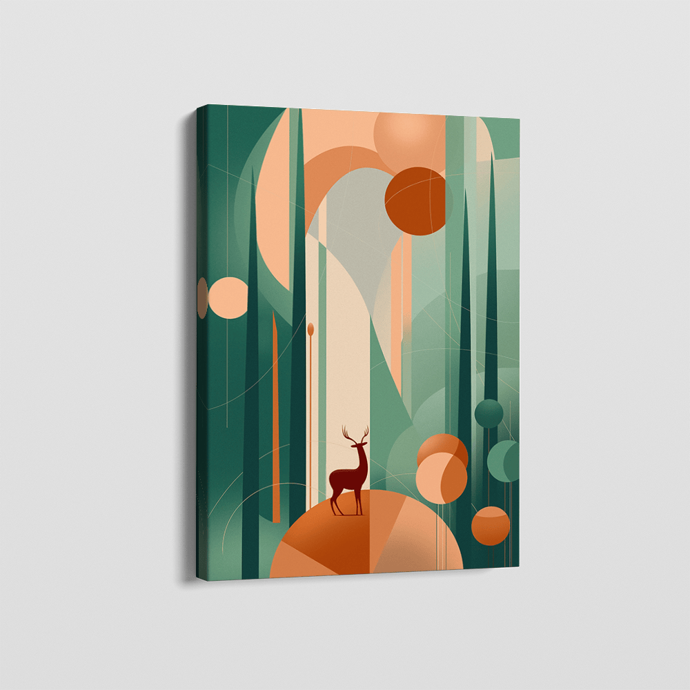 Forest-Quiet Habitats wall art, abstract geometric forest painting with a solitary deer in teal and terracotta tones