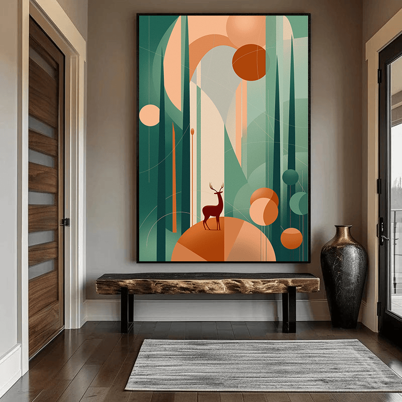 Forest Quiet Habitats wall art, abstract forest landscape painting with a solitary deer in green and terracotta tones