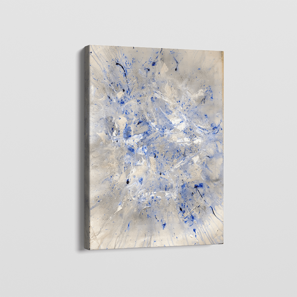 Blue and white abstract wall art, layered silver and blue splatters on a neutral canvas background