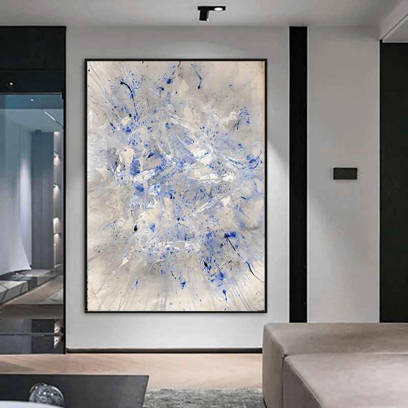 Quiet Ascension abstract blue and white wall art, vertical painting with expressive splashes of ink on soft tones