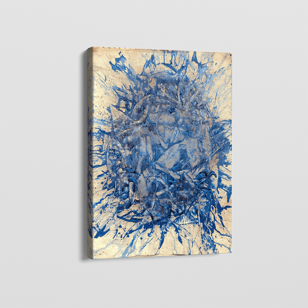 Abstract blue splash wall art, layered pigment and expressive paint splatters on a light background