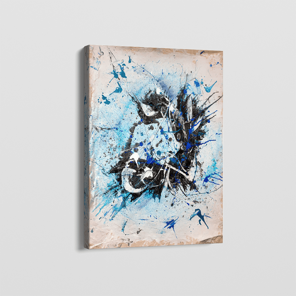 Blue and black abstract wall art painting, layered marks and expressive brushwork on a light background
