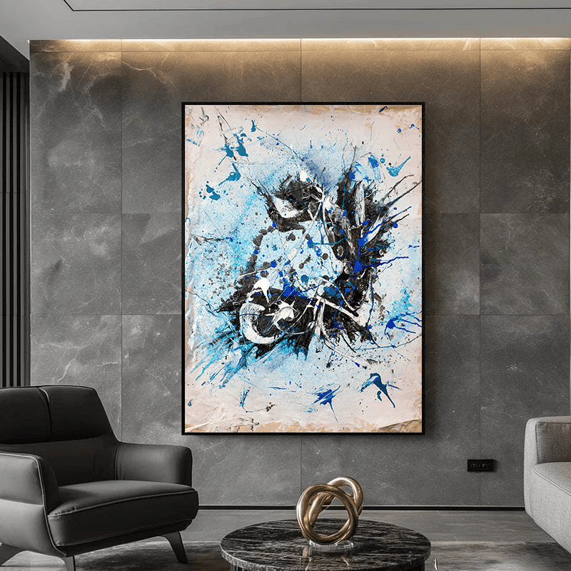 Abstract blue and black painting wall art, expressive composition with layered marks and splatters on pale background