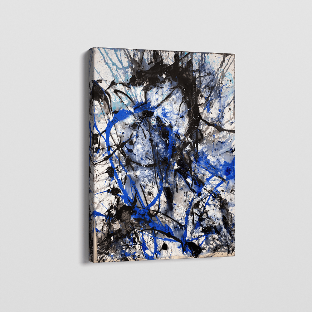 Abstract blue and black splatter wall art, expressive paint splashes and dynamic lines on canvas