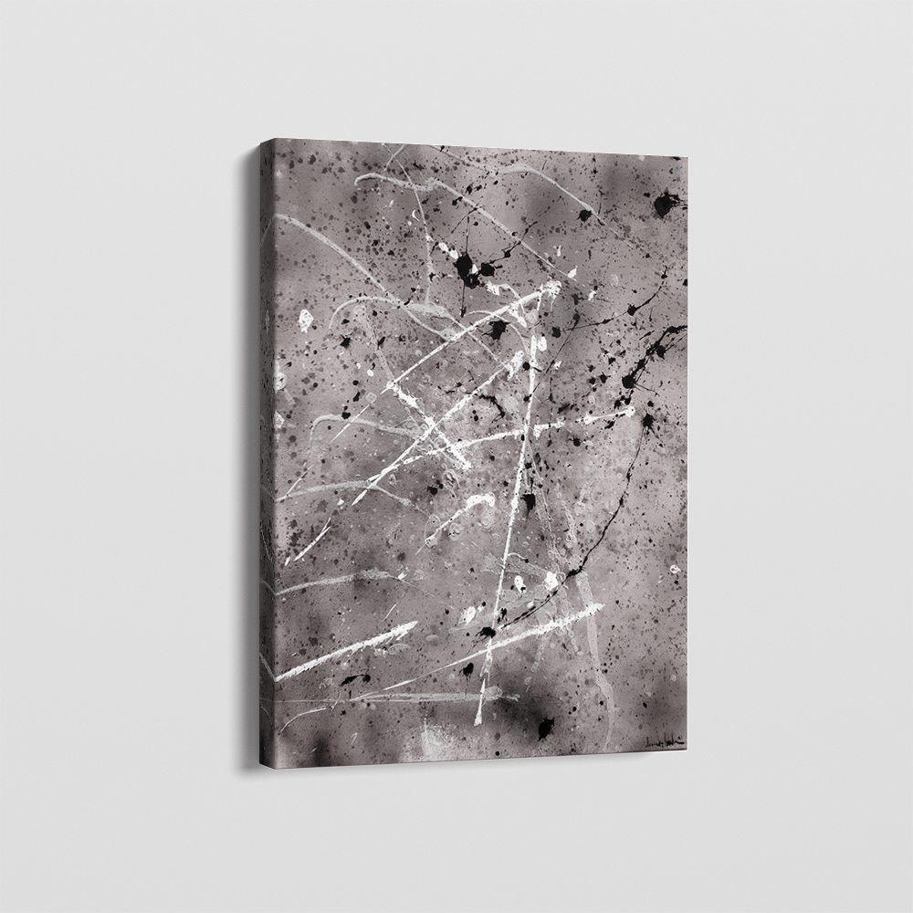 Abstract monochromatic splatter wall art, black and white canvas with fluid white gestures and grey washes