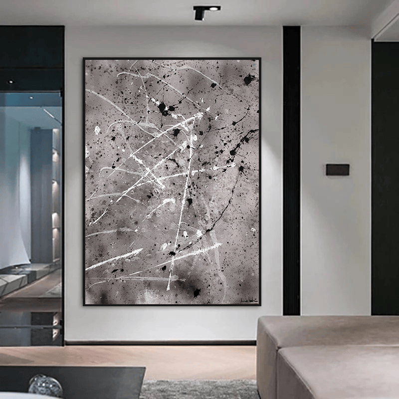 Abstract monochrome painting wall art, grey background with white lines and black splatters by Nicholas G. Ashton