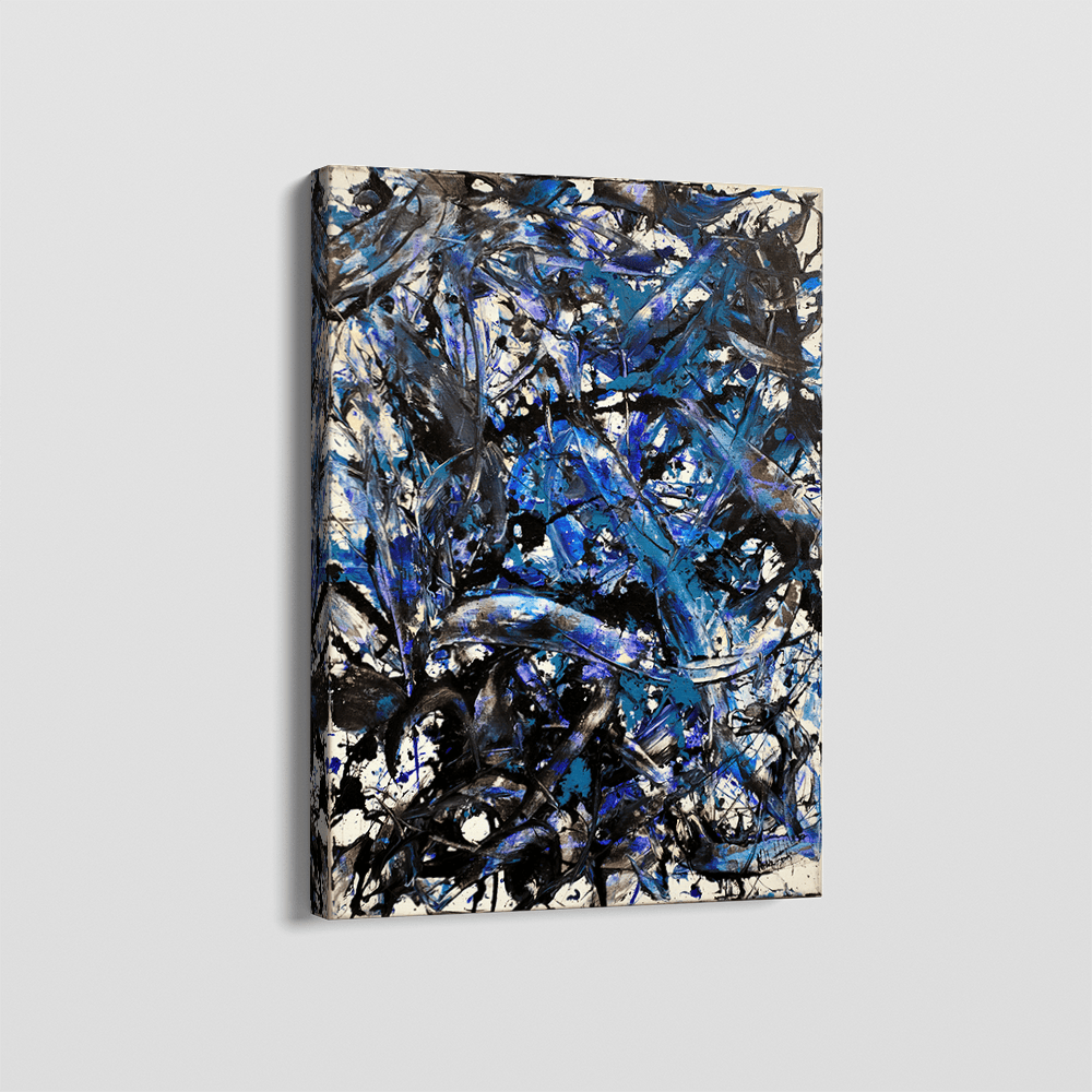 Abstract blue and black wall art painting, layered gestures and energetic brushwork on canvas