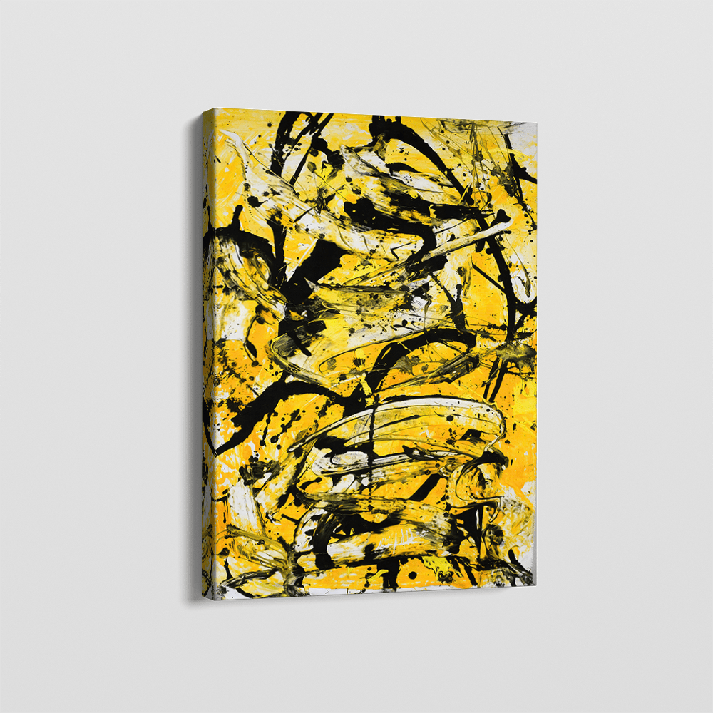 Abstract yellow and black wall art painting, expressive brushstrokes and splatters on canvas