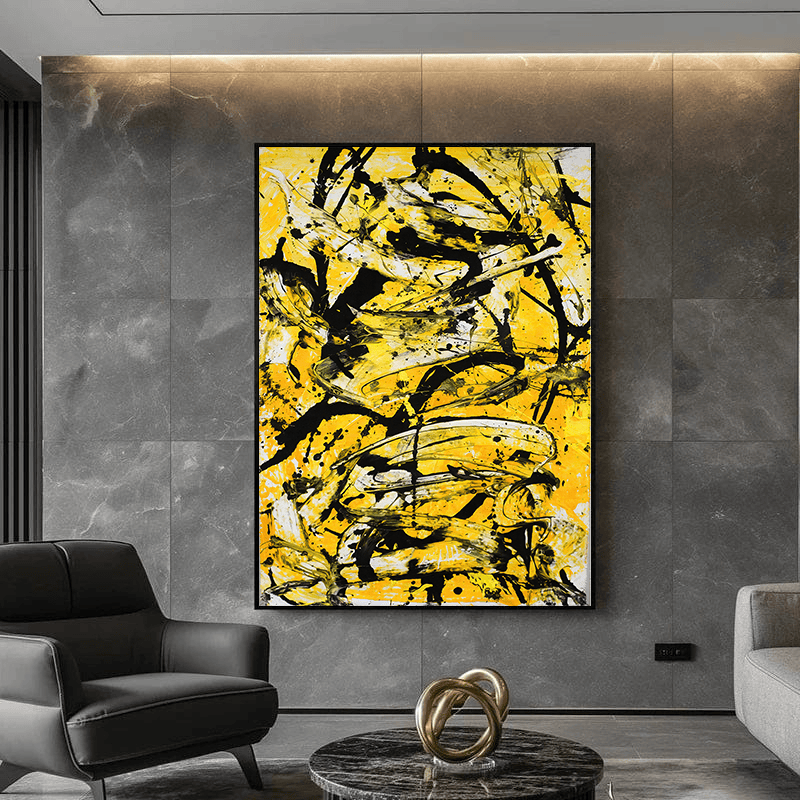 Abstract yellow and black painting wall art, expressive gestures and sharp brushstrokes in a black frame