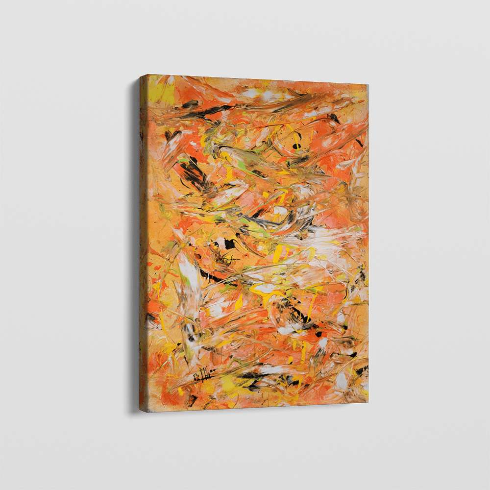 Weathering Intuitions abstract wall art, vibrant orange and yellow painting with energetic brushstrokes