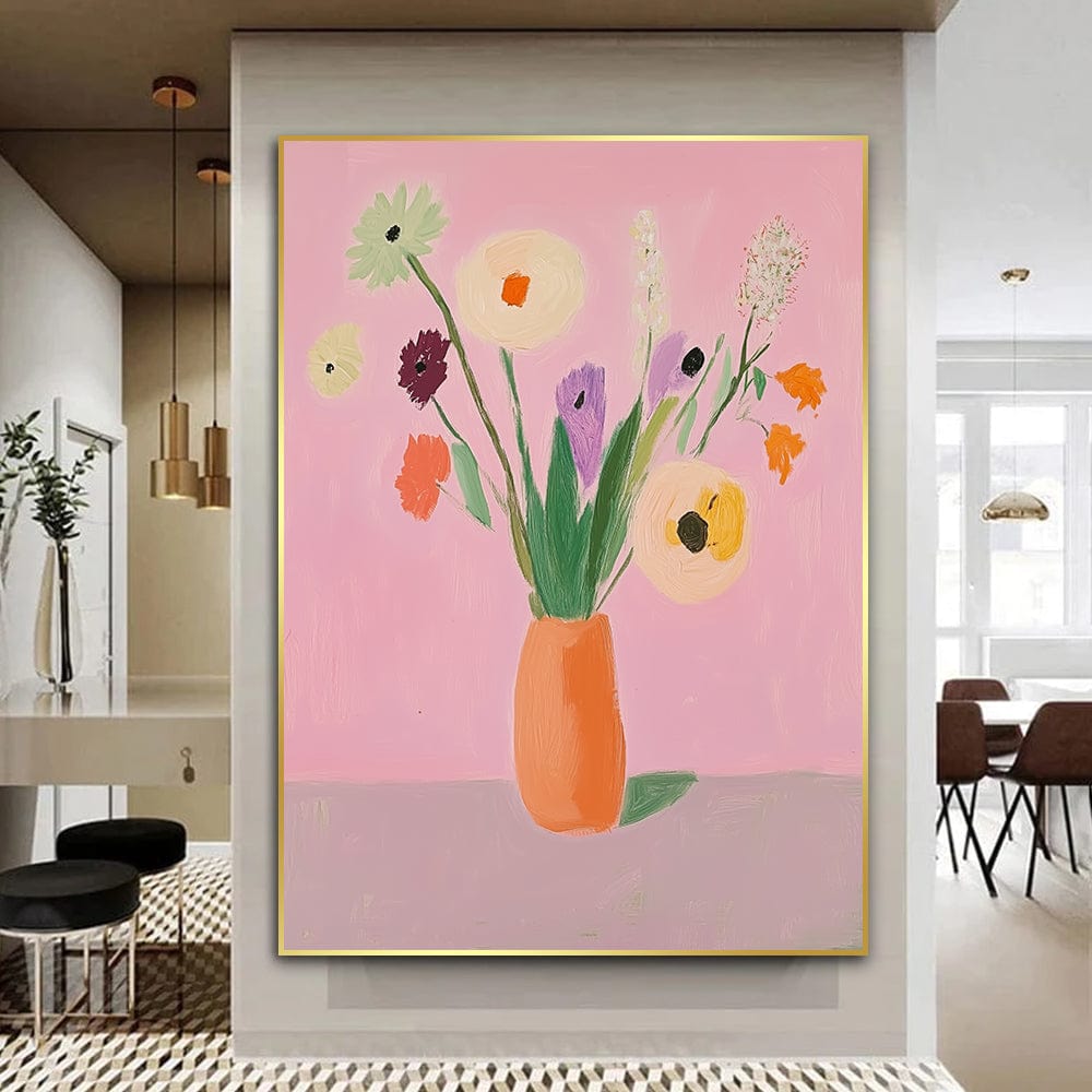 Abstract floral still life wall art, wildflowers in a terracotta vase on a pink background