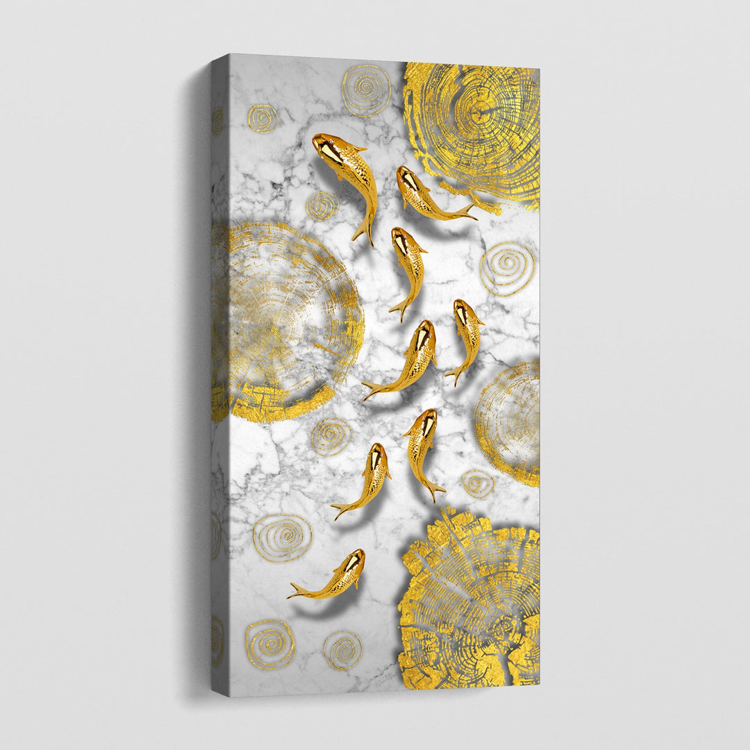 Golden koi fish pond wall art, modern white and gold canvas print with abstract circle patterns