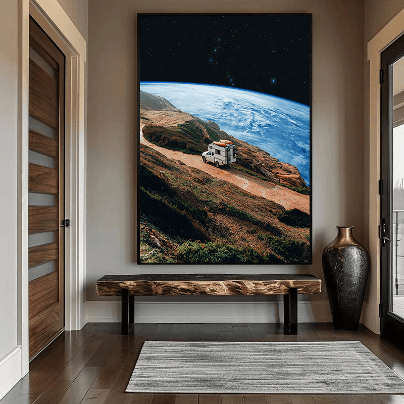 Cosmic landscape wall art, camper van driving on a hillside track with a planetary horizon in an entryway