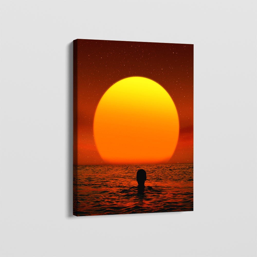 Horizon Hd wall art, solitary figure swimming in dark water beneath a massive glowing yellow sun on canvas