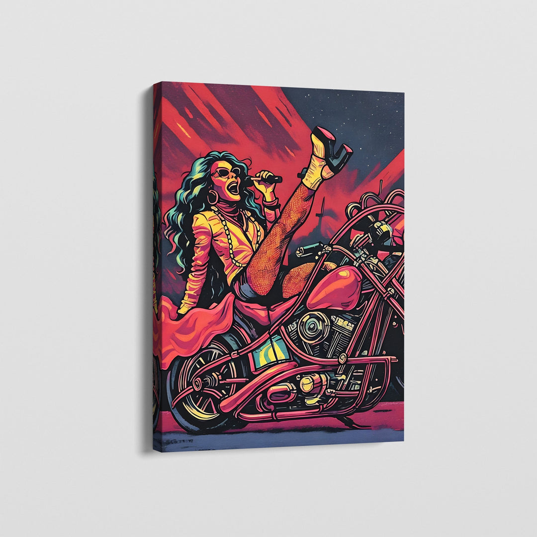 I Ain't No Quitter canvas wall art, a singing performer on a detailed motorcycle in vivid red and pink tones