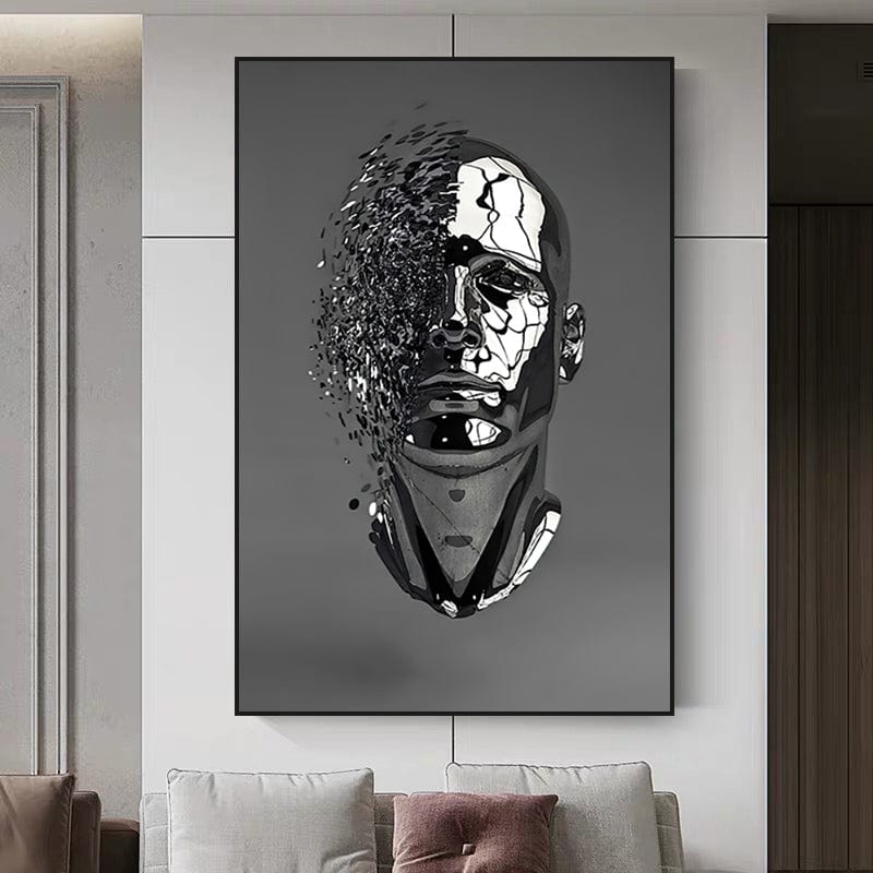 Indestructible android portrait wall art, silver metallic face dissolving into dust on a grey background