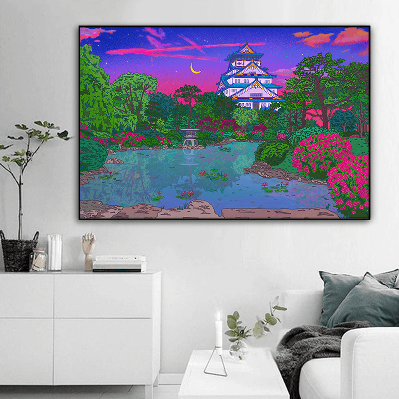 Japanese gardens landscape wall art, traditional Japanese castle by a reflective pond under a twilight sky