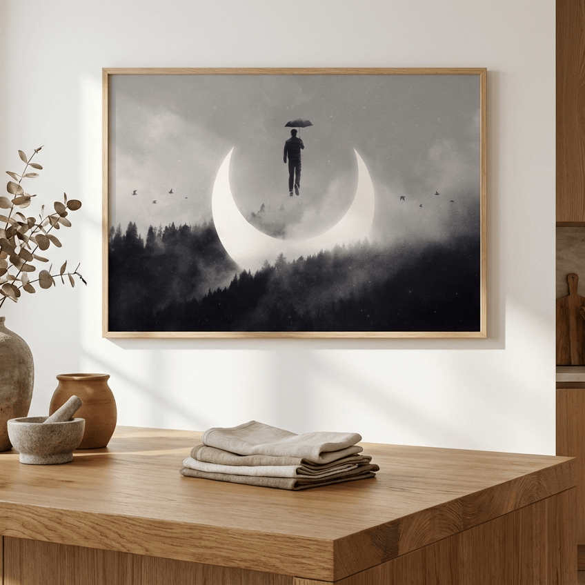 Surreal landscape wall art featuring a man with an umbrella floating above a glowing crescent moon and a dark forest