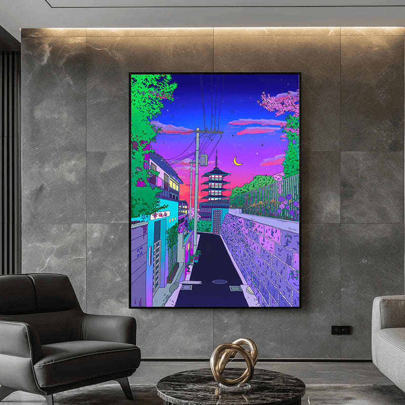 Japanese landscape painting of a Kyoto side street at twilight, vibrant violet and pink wall art in a black frame