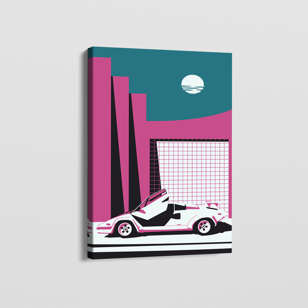 Lamborghini Countach wall art, retro car landscape print with magenta and teal architecture