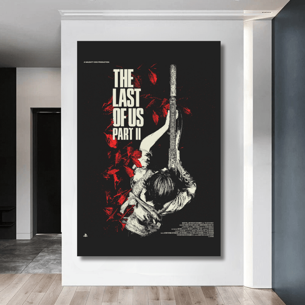 Last of Us 2 video game poster wall art, black and white minimal graphic with crimson accents