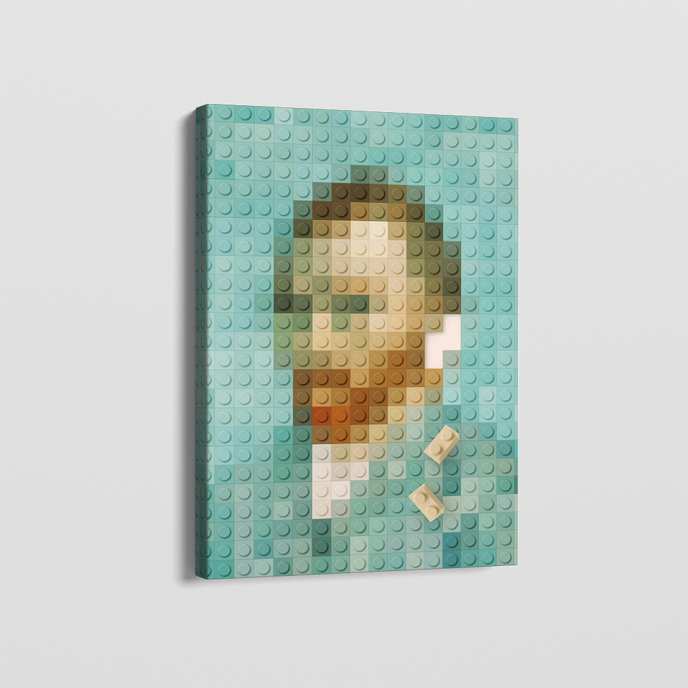 Le Gogh canvas wall art, pixelated artist portrait built from turquoise and ochre building blocks