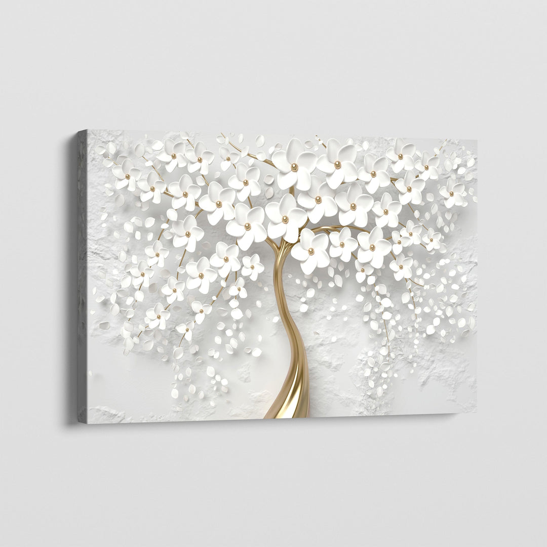 White and gold floral landscape wall art, textured white flowers on a shimmering gold tree trunk