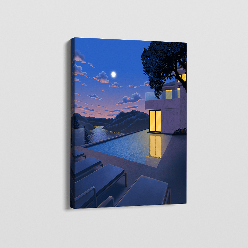 Blue ocean landscape painting, tranquil lakeside villa and infinity pool under a moonlit sky wall art