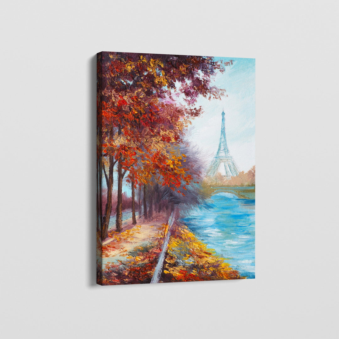 Blue river and autumn trees landscape painting of the Eiffel Tower in Paris, wall art