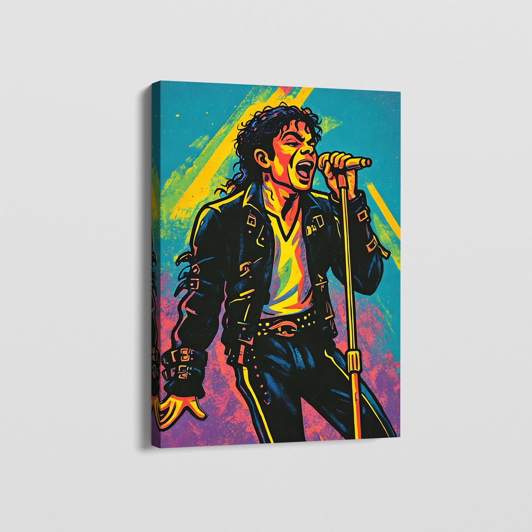 Michael Jackson portrait wall art, pop star singing into a microphone with vibrant blue and yellow graphic background