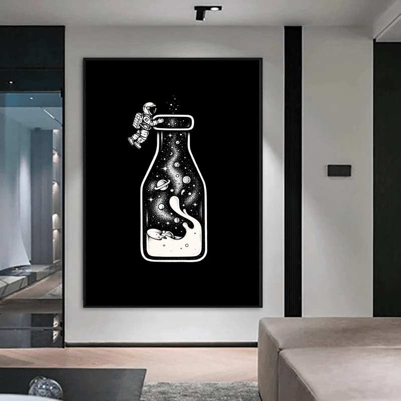 Astronaut and cosmic bottle wall art, monochrome space painting with black background
