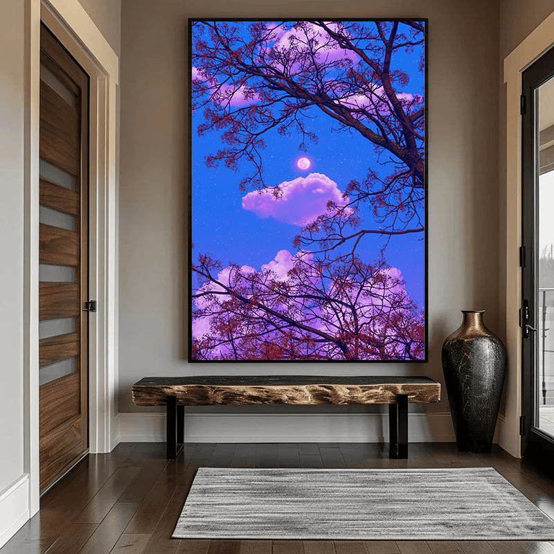 Blue night sky landscape painting, glowing moon and purple clouds through tree branches wall art