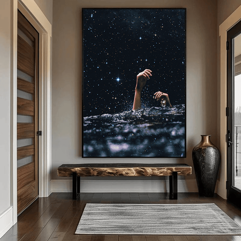Not Waving But Drowning - Dark wall art, hands reaching from dark water under a starry sky above a wooden bench in a hallway