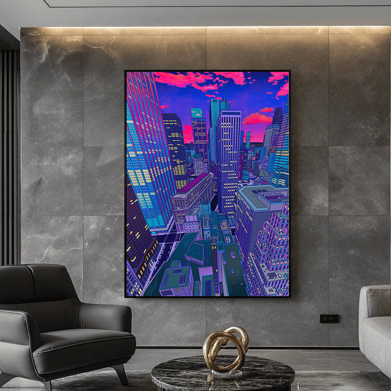 Nyc Window Views wall art, New York cityscape painting with electric blue and magenta skyscrapers