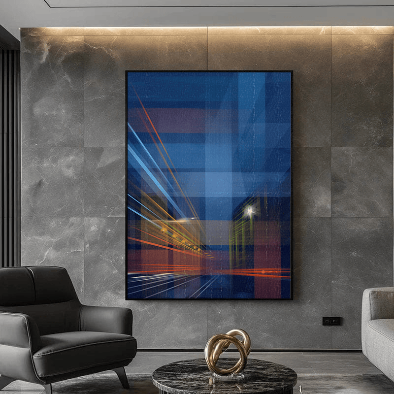 Blue abstract cityscape painting wall art, geometric urban bands of light in deep blue, white, amber, and orange
