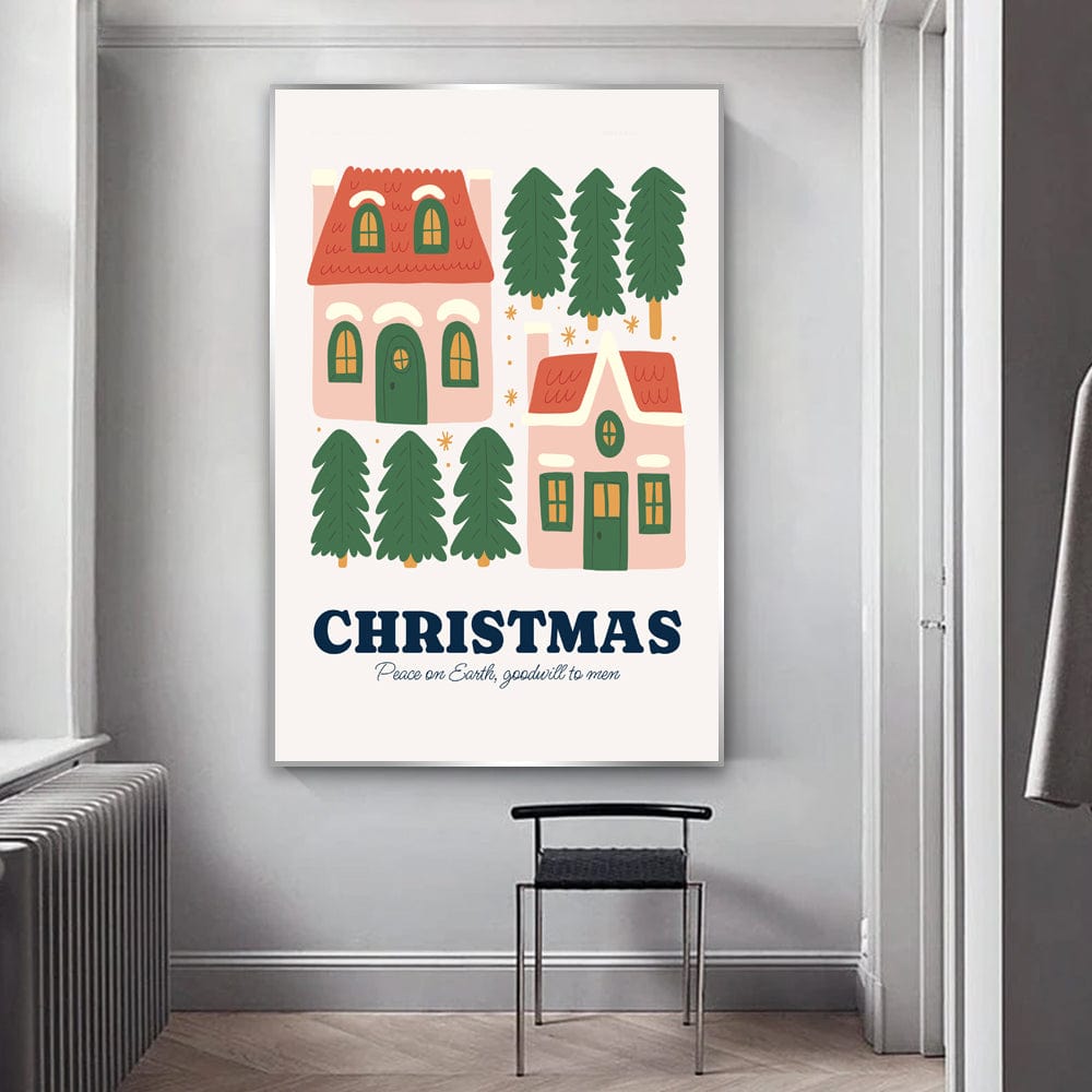Christmas holiday village wall art, pink houses and green pine trees illustration with bold blue text