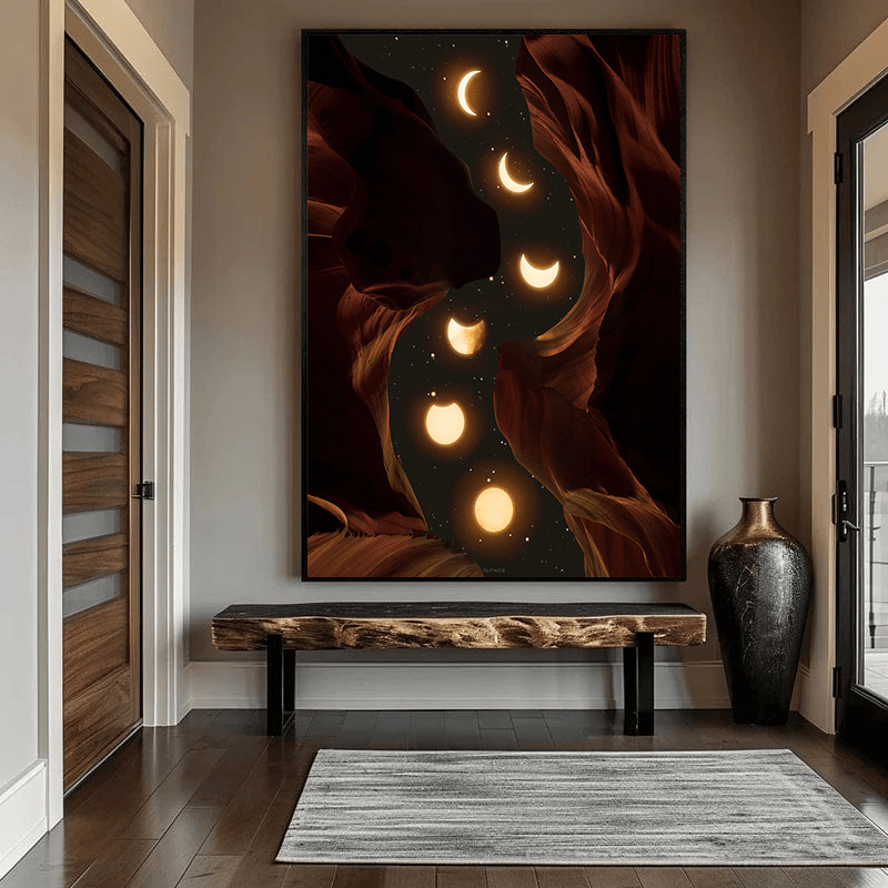 Lunar phases in sandstone canyon wall art, glowing moon cycle rising through dark rock walls