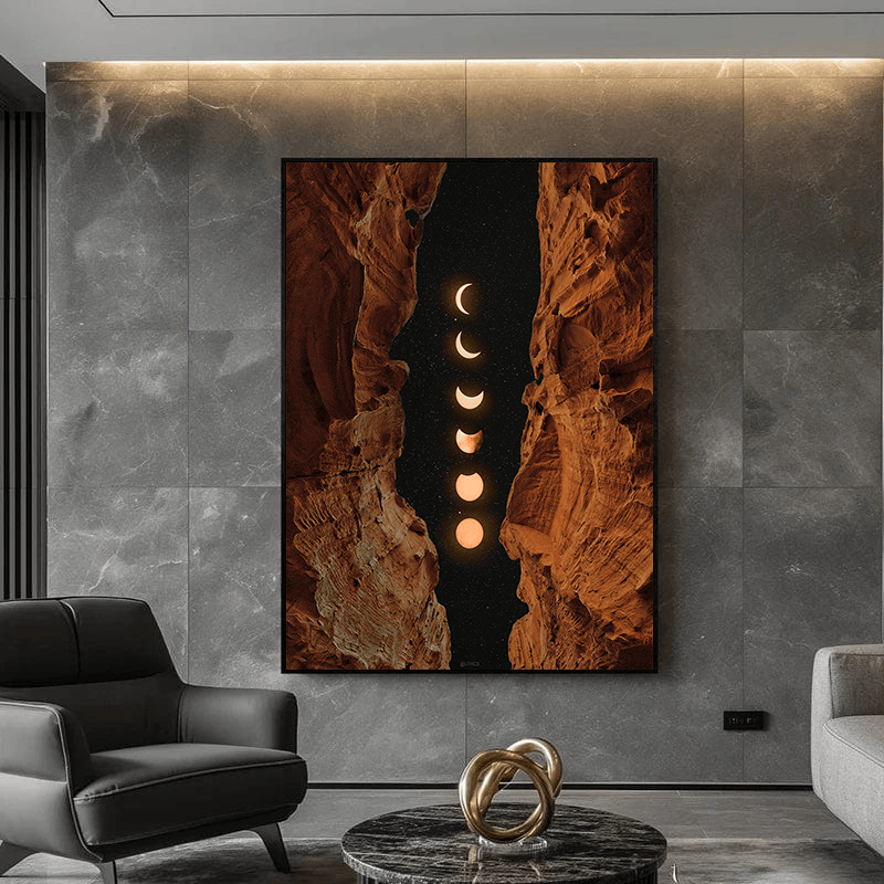 Lunar phases and canyon wall art, glowing moon sequence in a narrow sandstone corridor against a star filled sky