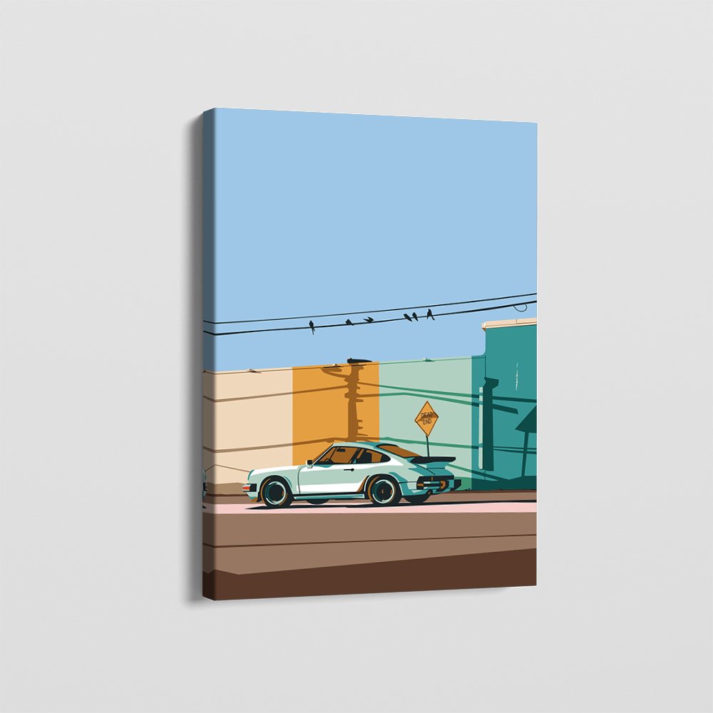 Classic sports car wall art, retro vehicle against minimalist urban architecture in soft blue and ochre tones on canvas