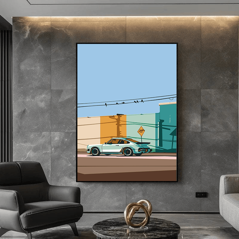 Classic sports car landscape wall art, vintage vehicle parked by a colorful coastal wall in blue and ochre tones